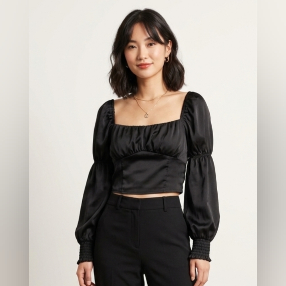 Divided by H&M Black Satin Top with Puffed Sleeves